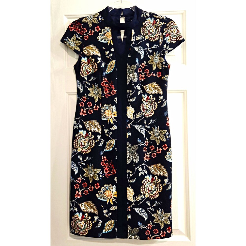Roz & Ali Shift Dress Women's Petite 4P Navy Floral Short Sleeve Lined Stretch